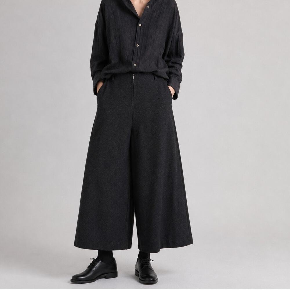 Pas de Calais Japan Wide Leg Cropped Trousers Charcoal woolblend Minimalist 36